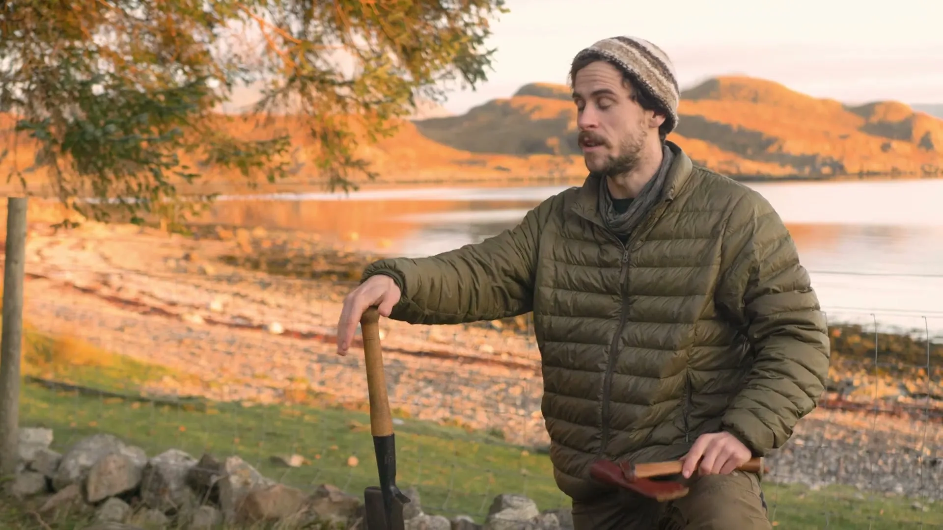 Tom Langhorne teaching tool use by a Scottish loch in his Resilient Roots online course